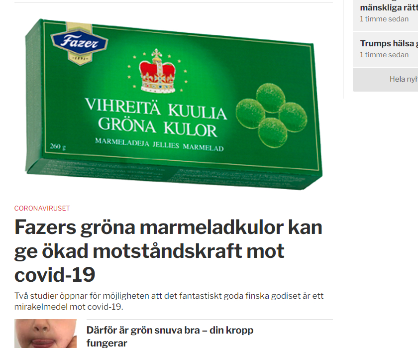 Bild på Faxers gröna kulor och texten Faxers gröna marmeladkulor kan ge ökad motståndskraft mot Covid-19 i vad som ser ut som Sydsvenskan.