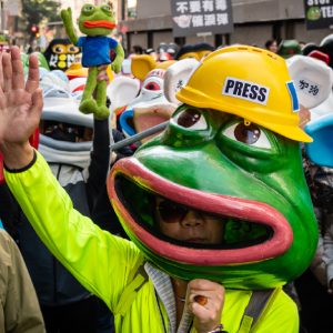 En person iklädd en stor Pepe the Frog-mask med gul hjälm märkt "PRESS" håller upp en hand i en folkmassa, troligen vid en demonstration.