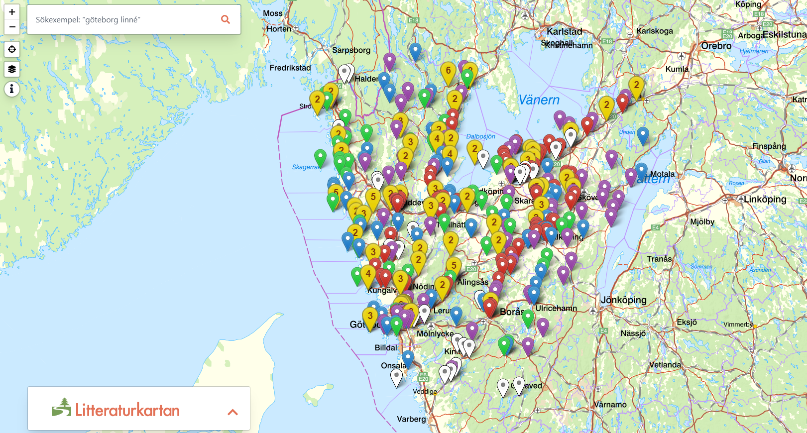 Karta över Bohuslän, Dalsland och Västergötland med en mängd olikfärgade pluppar och en sökruta.