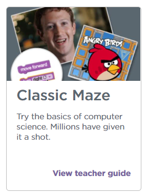 Skärmdump. Bild på Angry birds. Text: Classic Maze, try the basics of computer science. Millions have given it a shot.