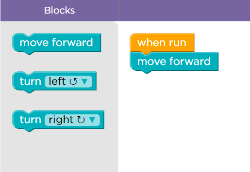 Kodblock: When run, move forward. Valbara block: move forward, turn left, turn right.
