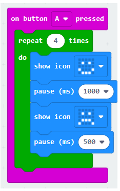 Kod: on button a pressed, repeat 4 times, show icon (glad), pause 1000 , show icon (sur) pause
