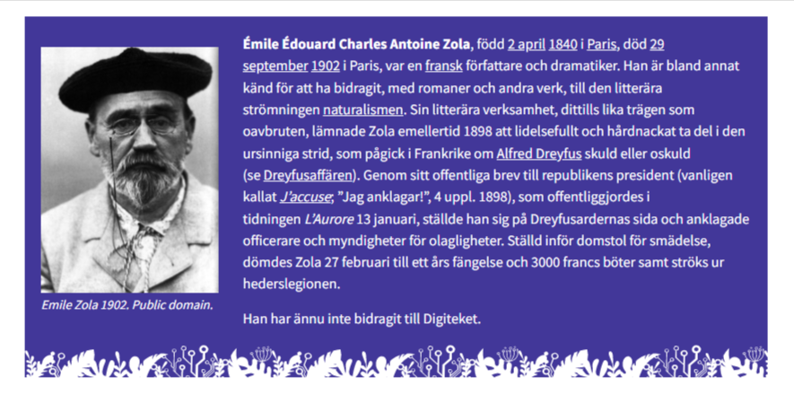 Lila ruta, bild på Emile Zola och biografisk information.