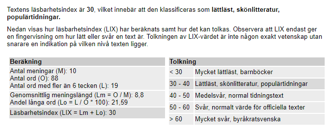 En bild med resultatet från lix.se. I text och två tabeller presenteras resultatet som också tolkas i texten nedan.