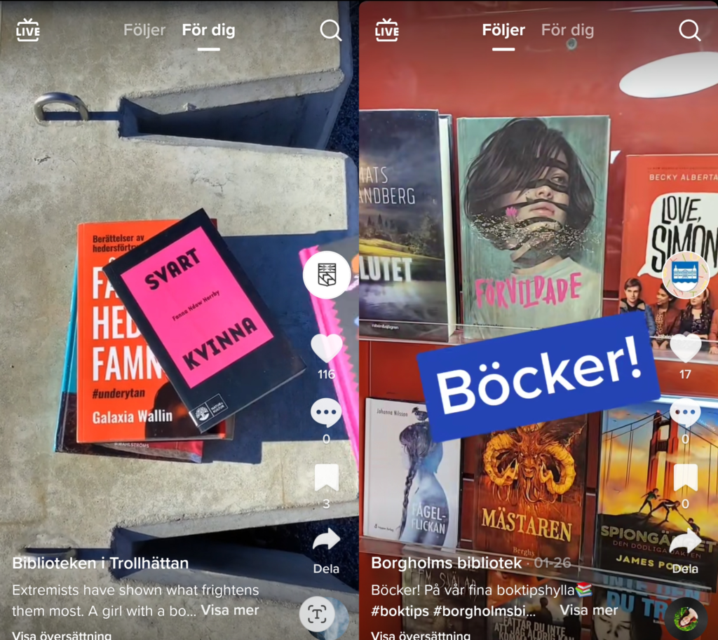 Skärmdump från TikTok som visar två inlägg från svenska bibliotek med bokrekommendationer. Till vänster syns böcker på en bokhylla, till höger visas flera ungdomsböcker med en blå banner med texten "Böcker!".