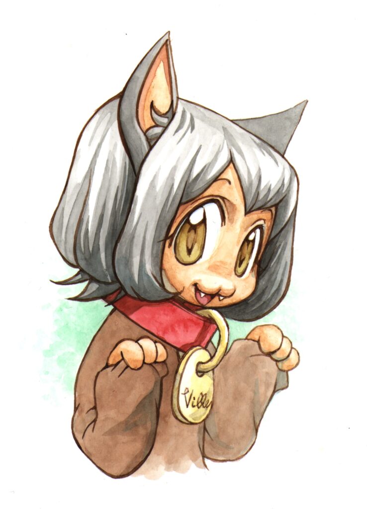 Tecknad bild i mangastil på en katt med ett halsband med en namnskylt där det står "Ville". 