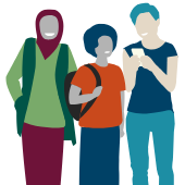 Illustration som visar tre anonymiserade unga personer, en flicka och två pojkar. Flickan bör hijab, pojken i mitten bär en ryggsäck.