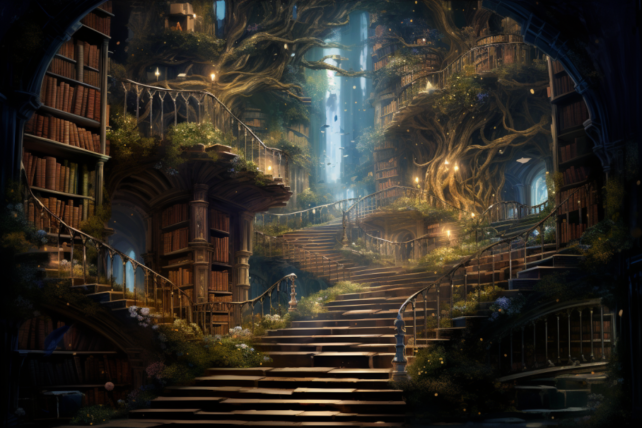 Illustrerad bild med en lång trappa. I bakgrunden syns träd, rötter och bokhyllor med böcker.