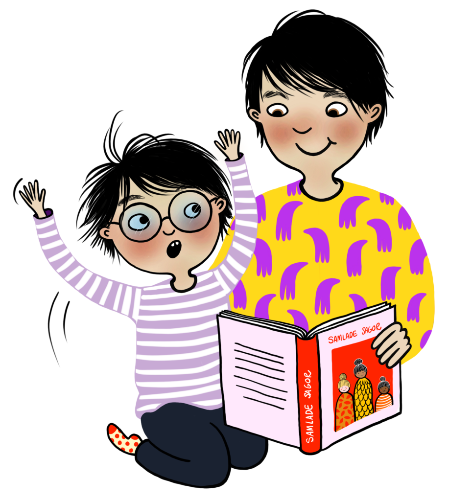 Färgglad illustration med en vuxen som läser för ett barn.