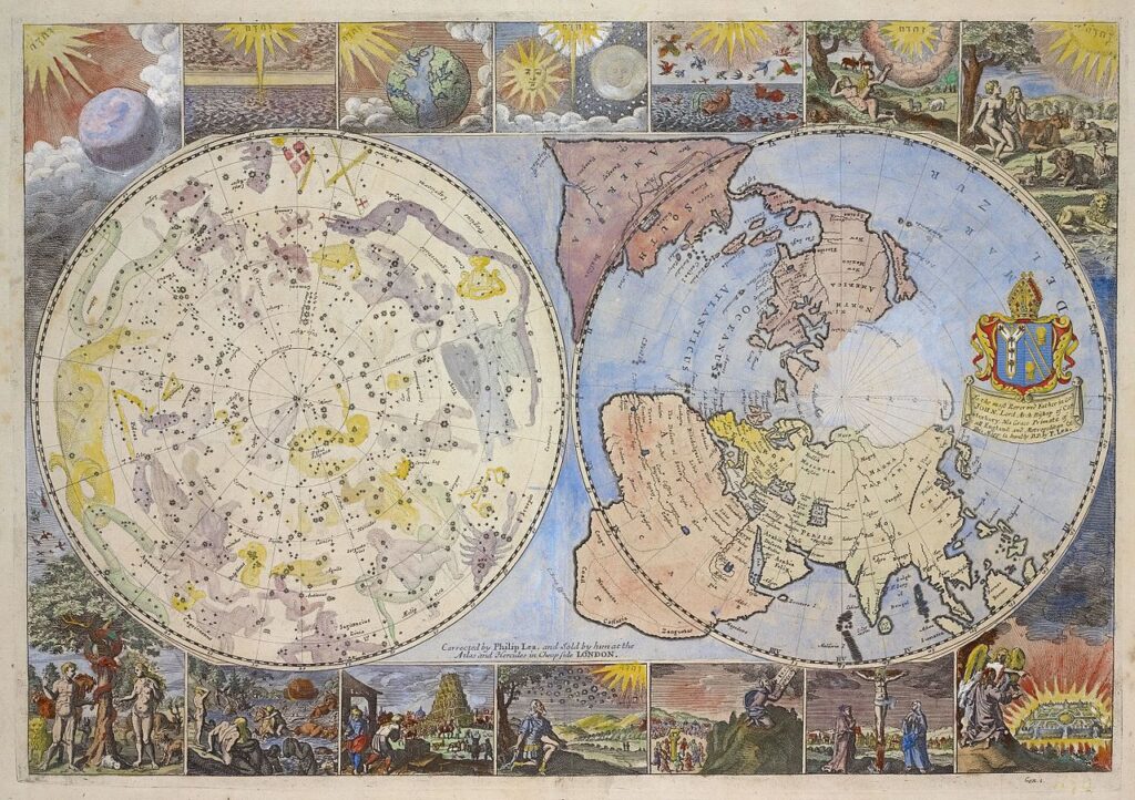 Färggrann handmålad karta över jordklotet. Ramen runt visar små bilder med sol, måne och scener ur bibeln.