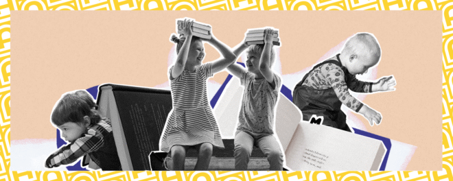 Collage av barn som sitter på och befinner sig bland gigantiska böcker. På huvudet balanserar de en hög med normalstora böcker. Skär bakgrund.