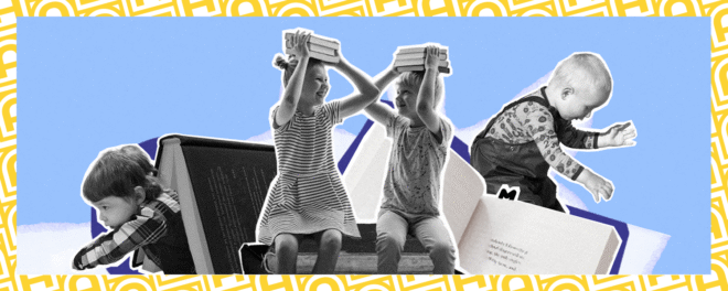 Collage av barn som sitter på och befinner sig bland gigantiska böcker. På huvudet balanserar de en hög med normalstora böcker. Blå bakgrund.