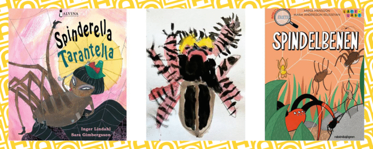 Två bokomslag och en teckning i glada färger. Motiven är spindelliknande figurer.