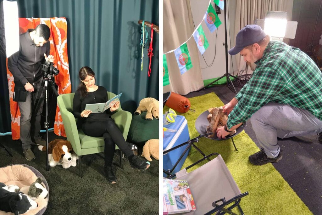 Till höger: ett fotografi på en man som står med en filmkamera på stativ bakom en kvinna som sitter i en fåtölj med en uppslagen bok. Till vänster: ett fotografi på en man hukandes arrangerar vedträn på en grill.   