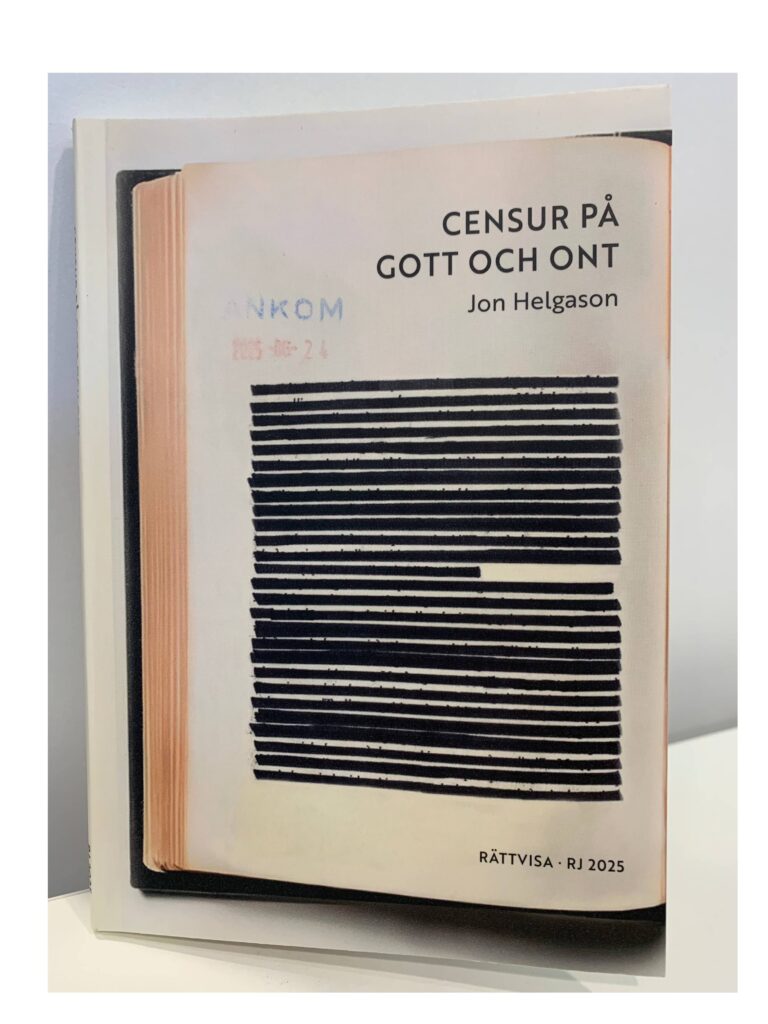 Bokomslag av nämnd bok, som visar en svartmarkerad och överstruken text.