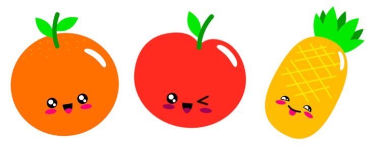 En apelsin, ett äpple och en ananas som ser glada ut.