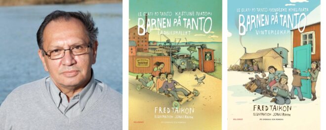 Kollage i tre delar: ett porträtt på en man med glasögon och grått hår iklädd ljusgrå tröja över en skjorta. Två färgglada bokomslag, det ena visar barn som leker med lådbilar på en gård med snickerifabrik i bakgrunden och det andra i snön vid ett tält och en träbyggnad med turkos dörr.