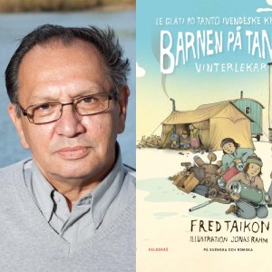 Kollage i två delar: ett porträtt på en man med glasögon och grått hår iklädd ljusgrå tröja över en skjorta. Ett färgglatt bokomslag som visar barn som leker med lådbilar på en gård med snickerifabrik i bakgrunden.