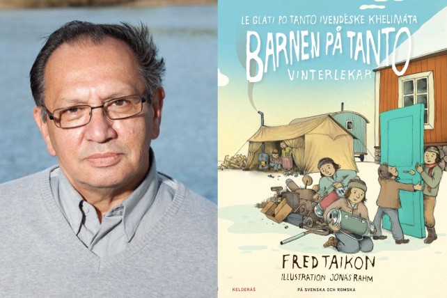 Kollage i två delar: ett porträtt på en man med glasögon och grått hår iklädd ljusgrå tröja över en skjorta. Ett färgglatt bokomslag som visar barn som leker med lådbilar på en gård med snickerifabrik i bakgrunden.