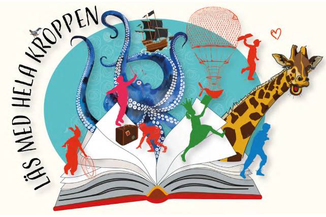 Olika djur, människor och saker kommer ut mellan sidorna på en liggande, uppslagen bok. En giraff, en bläckfisk, sex människor, en luftballong, ett skepp och en resväska.
