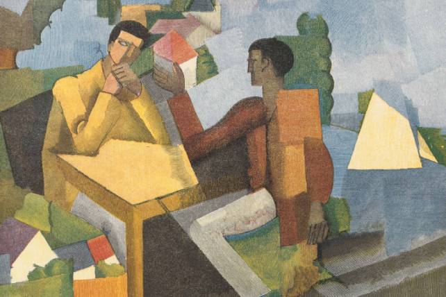 Konstverk med två personer som sitter och samtalar, i bakgrunden skymtar vatten och grönska.