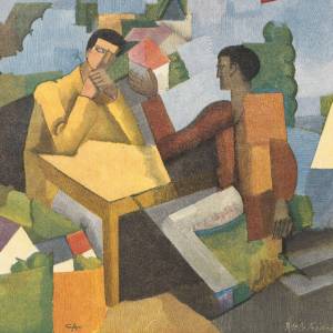 Konstverk med två personer som sitter och samtalar, i bakgrunden skymtar vatten och grönska.