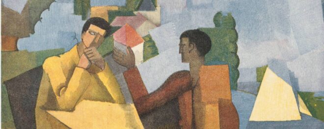 Konstverk med två personer som sitter och samtalar, i bakgrunden skymtar vatten och grönska.