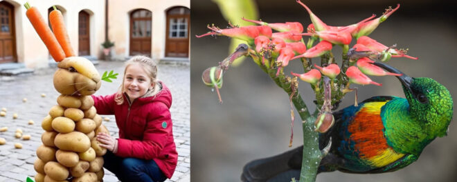 Tvådelad bild. Till vänster: en flicka i röd jacka som poserar bredvid en stor kaninskulptur gjord av potatisar med morötter som öron. Till höger: en färgglad kolibrilik fågel med gröna och orange fjädrar som dricker nektar från rosa rörblomsblommor.