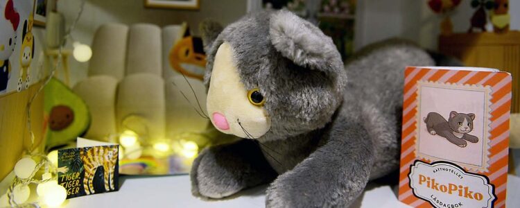 Ett gosedjur i grått med en rosa nos ligger i ett litet dockrum. Bredvid finns en ljusslinga och en liten bok som har titeln "PikoPiko".