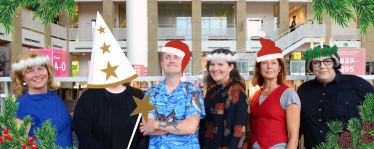 Redaktionen som ett luciatåg. Illustrationer av tomteluvor, glitter, luciakrona och stjärngossehatt.