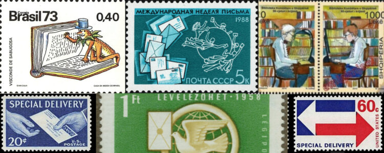 Kollage av olika frimärken med brev- och postmotiv.