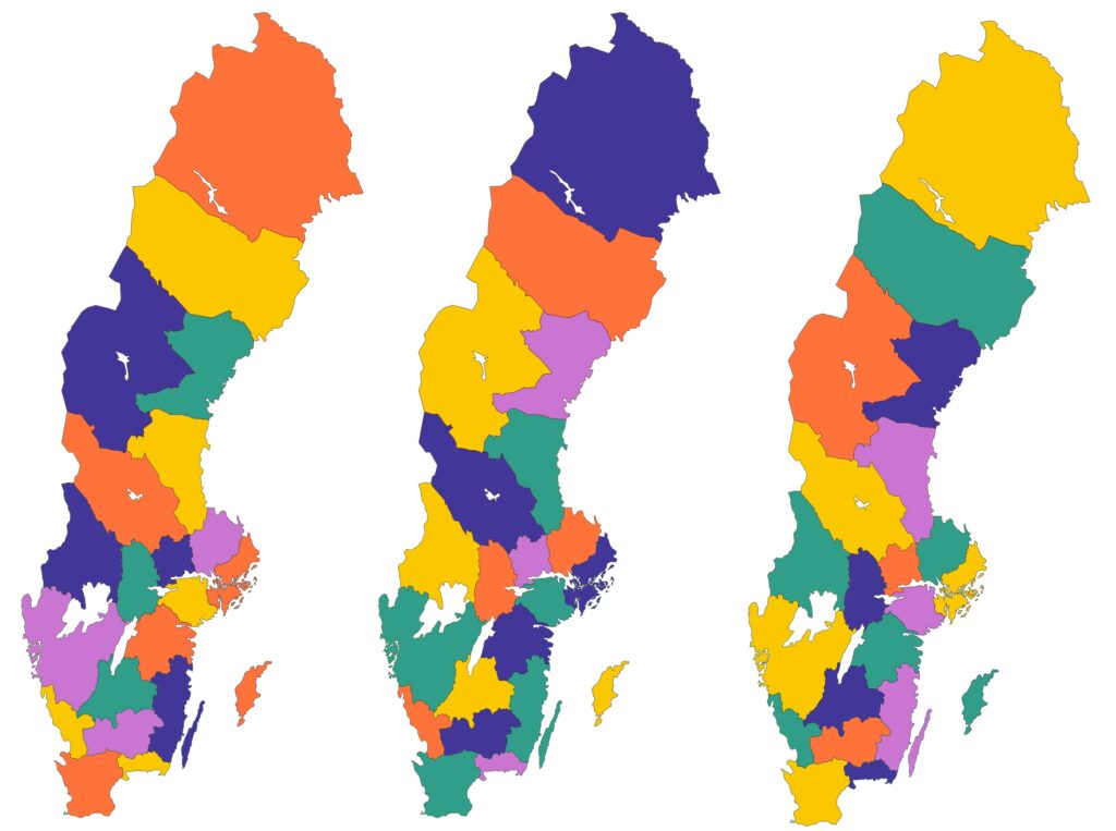 Karta över Sveriges regioner i olika färger.  