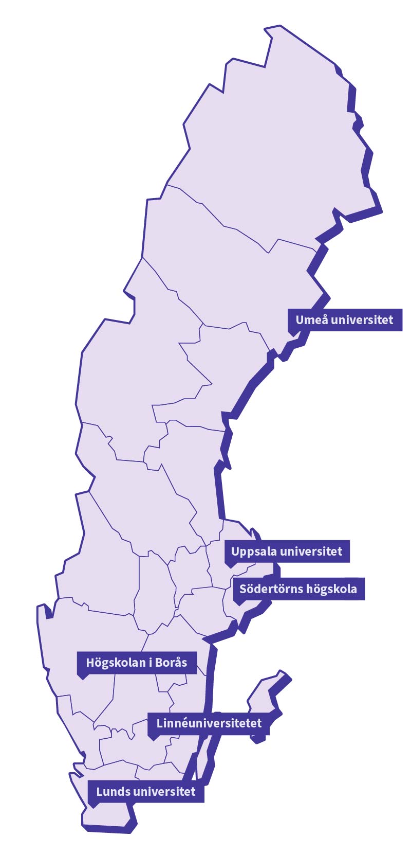 Sverigekartan visar var Umeå universitet, Uppsala universitet, Södertörns högskola, Högskolan i Borås, Linnéuniversitetet och Lunds universitet ligger.