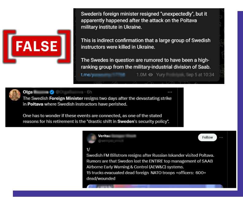 Skärmdump på inlägg som påstår att den svenska premiärministern har omkommit. 