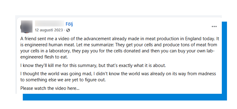 Skärmdump: A friend sent me a video of the advancement already made in meat production in England today. It is engineered human meat. Let me summarize: They get your cells and produce tons of meat from your cells in a laboratory, they pay you for the cells donated and then you can buy your own lab-engineered flesh to eat. 
