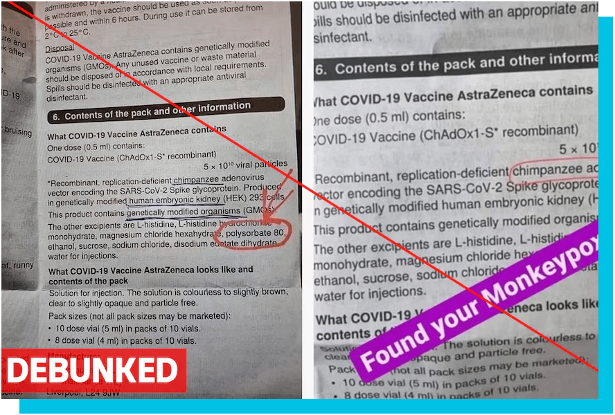 Foto på en ingredienslista från AstraZenecas covidvaccin på sociala medier, med ingrediensen “cimpanzee adenovirus” inringad i rött. 