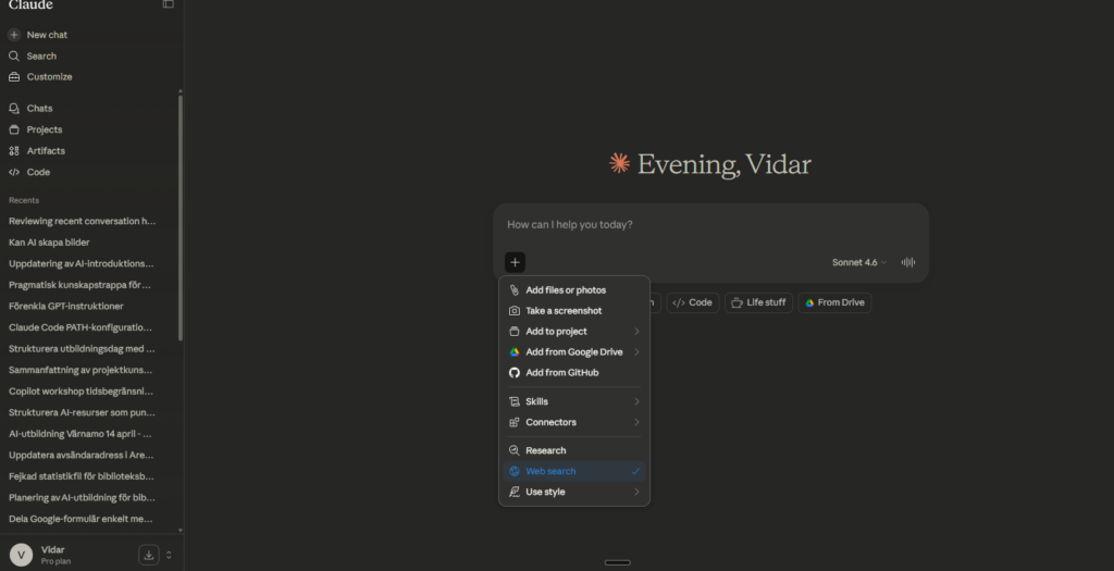 Vy arbetsfält. Chattfönster i mitten: How can i help you today.  