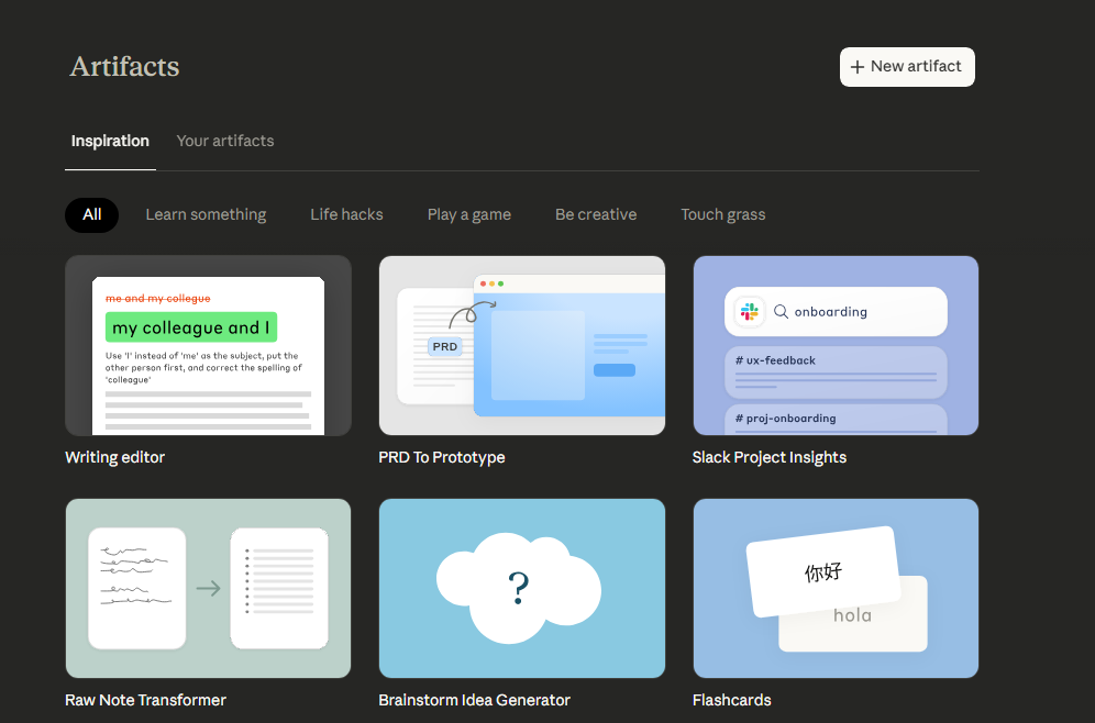 Arbetsfält: Artifacts. Writing editor, PRD To Prototype, Slack Project Insights etc. 