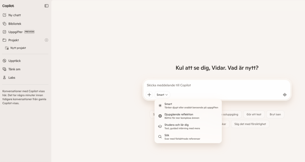 Arbetsfältet. Meny till vänster. Chattruta. Text: Kul att se dig Vidar. Vad är nytt?