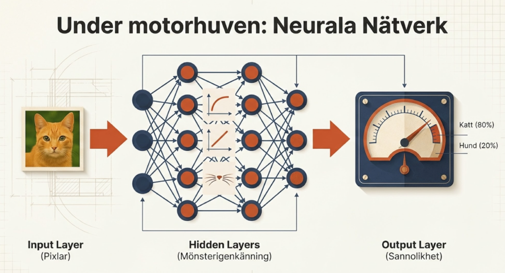 Flödesschema. Input kattbild, mellanlager mönsterigenkänning, output layer sannolikhet (katt 80%, hund 20%).