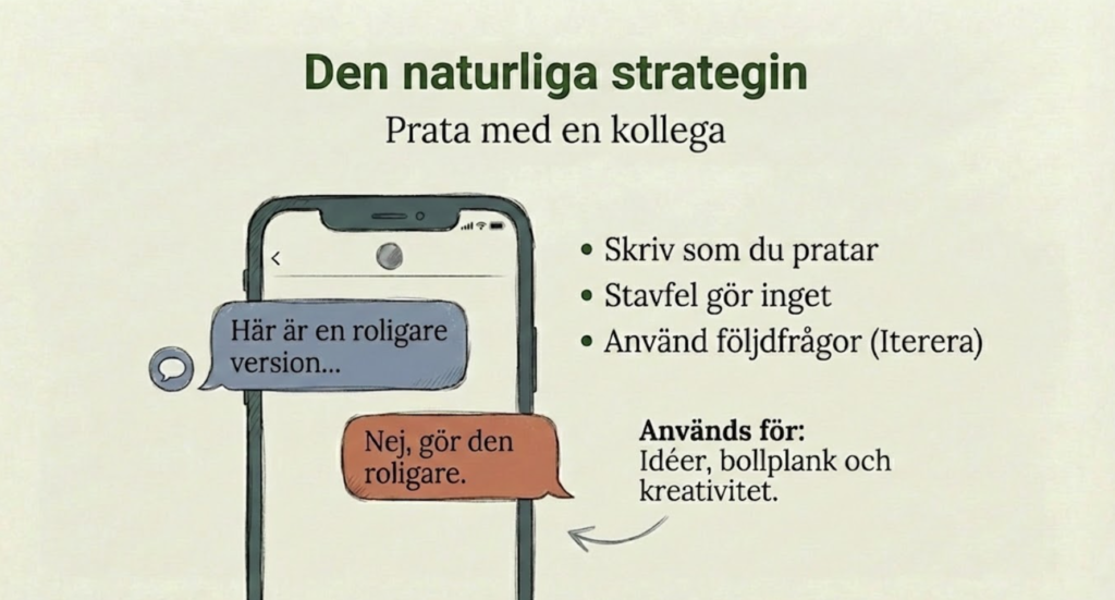 Den naturliga strategin. Prata med en kollega. Skriv som du pratar. Stavfel gör inget. Anbänd följdfrågor. Används för idéer, bollplank och kreativitet. 