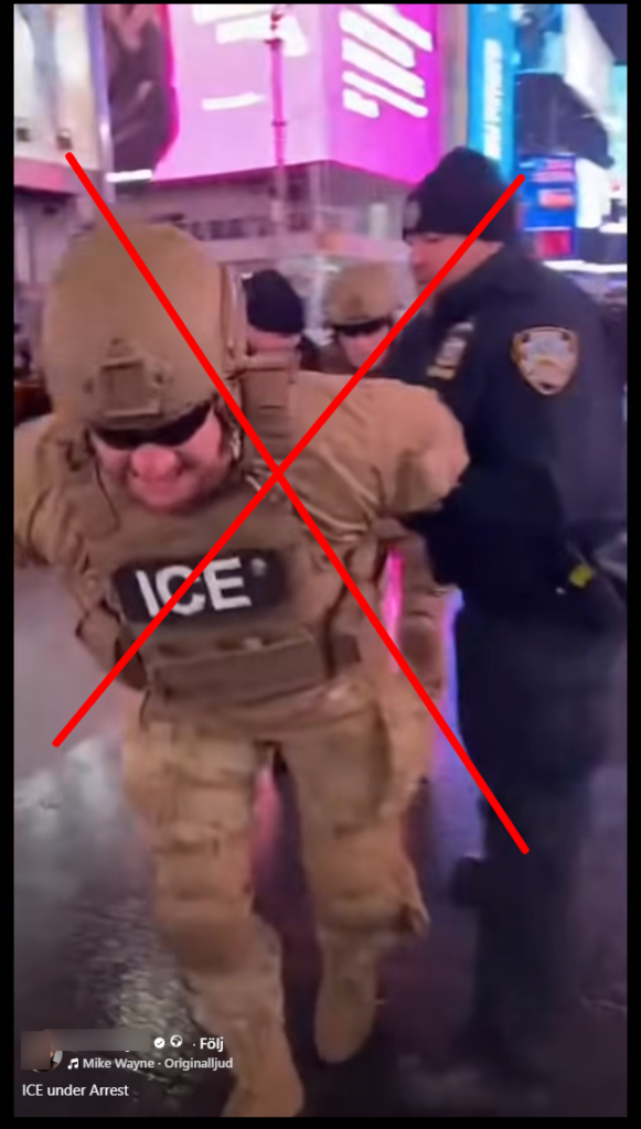 Överstruken videostillbild av en person i militärliknande uniform märkt "ICE" som hålls fast av en polisofficer, med texten "ICE under Arrest" längst ner.
