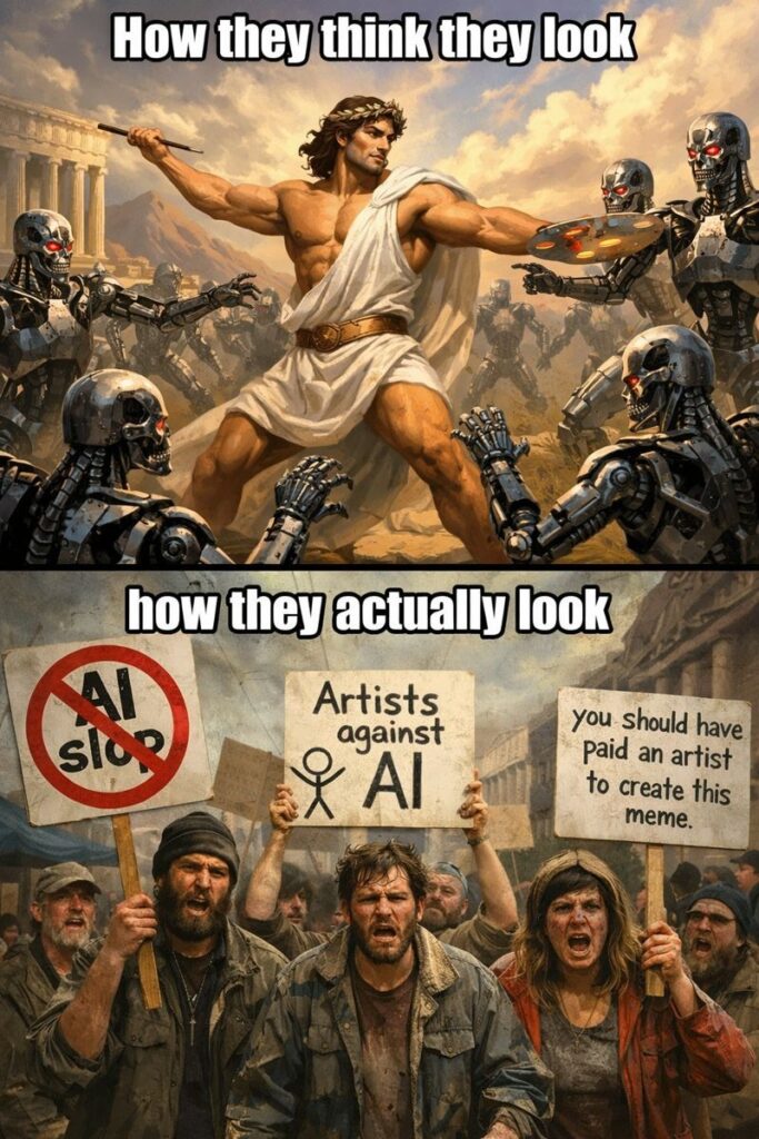 Tvådelad meme: överdelen visar en muskulös grekisk hjälte som kämpar mot Terminator-robotar under texten "How they think they look"; underdelen visar upprörda demonstranter med skyltar som "AI slop" och "Artists against AI" under texten "how they actually look".