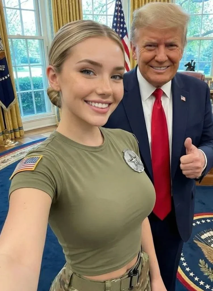 Ung blond kvinna i tajt militärgrön t-shirt med amerikansk flagga på ärmen står leende bredvid Donald Trump som ger tummen upp, i vad som ser ut att vara Ovala rummet.