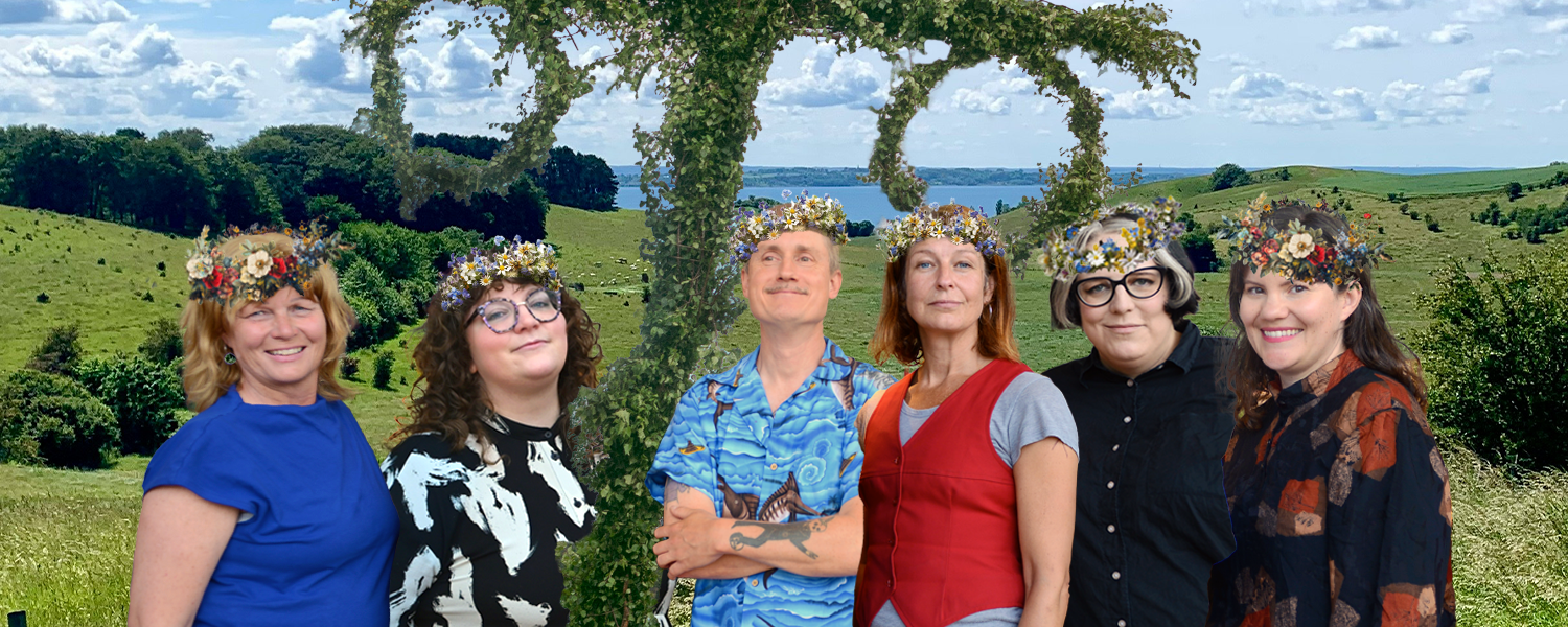 Kollage. Redaktionen i blomsterkransar med en midsommarstång.