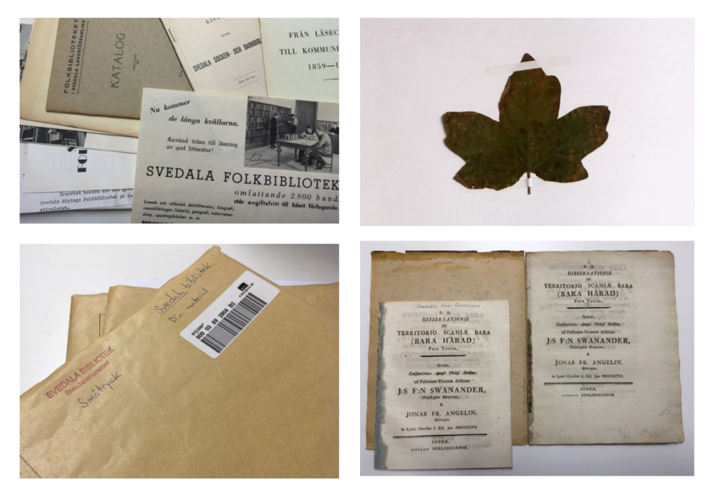 Fyra bilder på arkivmaterial: gamla kataloger och broschyrer, ett pressat lönnlöv, kuvert märkta "Småtryck" samt gamla boksidor på latin från 1797.