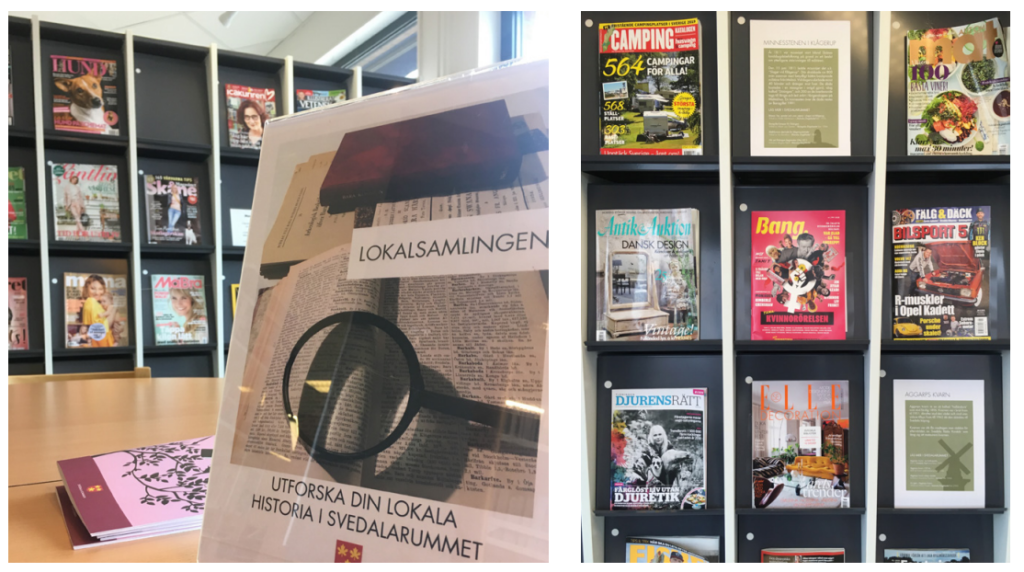 Vänster: omslaget "Lokalsamlingen – utforska din lokala historia i Svedalarummet" med ett förstoringsglas över en gammal bok. Höger: tidningshylla med tidskrifter blandat med informationsskyltar om lokalhistoria.